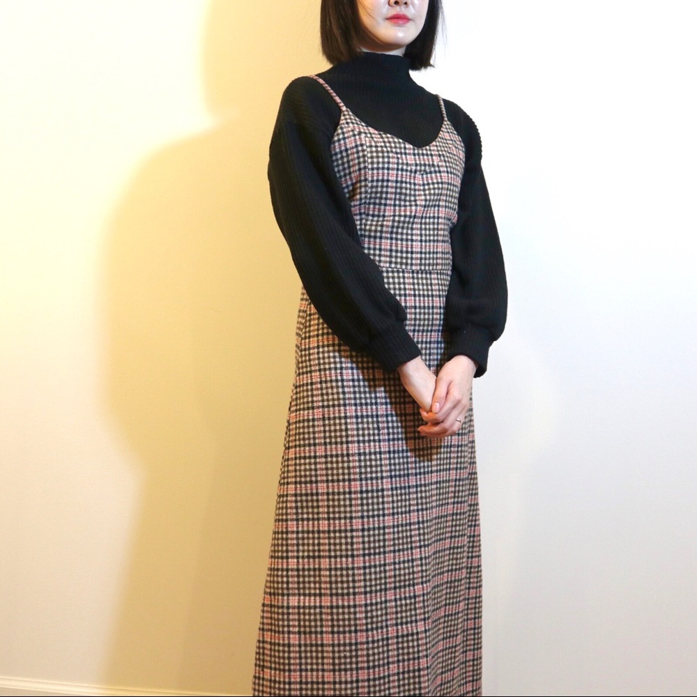 Check pattern dress + black mock neck top